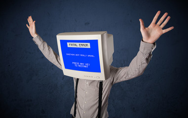 Person with a monitor head and fatal error blue screen on the di