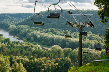 Ski lift on on the top of mountain in summer