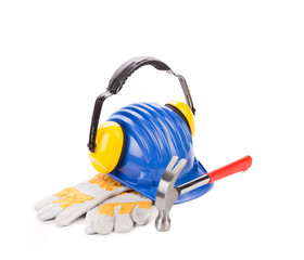 Hard hat and ear muffs hammer.