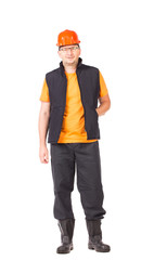 Man in workwear and red hard hat.