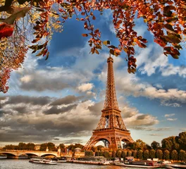 Fotobehang Eiffel Tower with boat on Seine in Paris, France © Tomas Marek