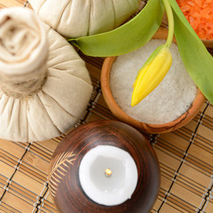 spa still life with spa herbal balls, candlestick, tulip, stones