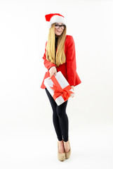 Portrait of attractive cheerful fashion girl in glasses and Sant