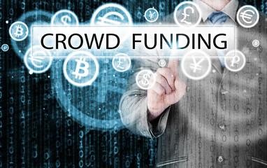 Businessman pushes virtual crowd funding button