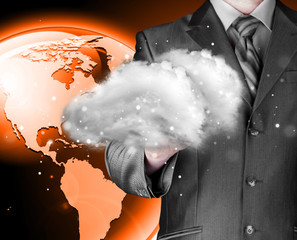 Cloud computing concept, close up of young businessman