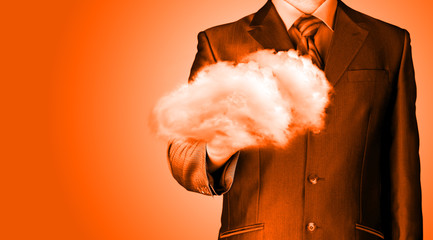 Cloud computing concept, close up of young businessman