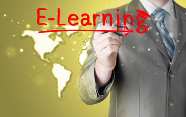 business man writing e-learning concept