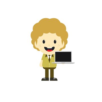 adorable boy with laptop cartoon character