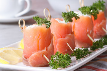 Rolls of red fish with cream cheese close-up horizontal