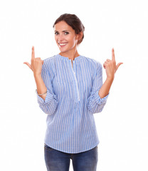 Adult female pointing up her fingers