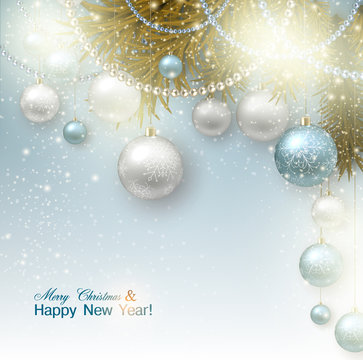 Christmas background with balls. Colorful Xmas baubles. Vector