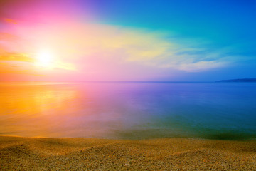Magical rainbow sunrise over sea - obrazy, fototapety, plakaty