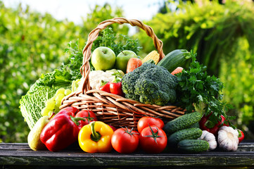 Wicker basket with assorted raw organic vegetables in the garden