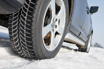 Winter tyres wheels installed on suv car outdoors