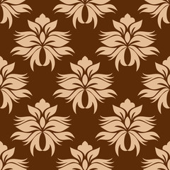 Floral beige on brown damask seamless pattern