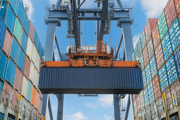 Shore crane lifts container during cargo operation in port