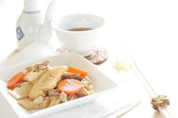 Chinese food, bamboo shoots and chicken stir fried