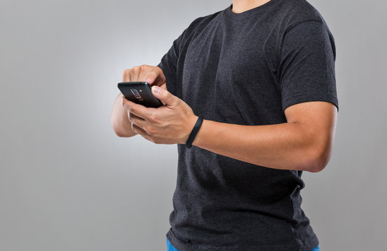 Man use mobile phone sync with activity tracker