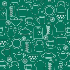 Seamless pattern of kitchen utensils in outline style