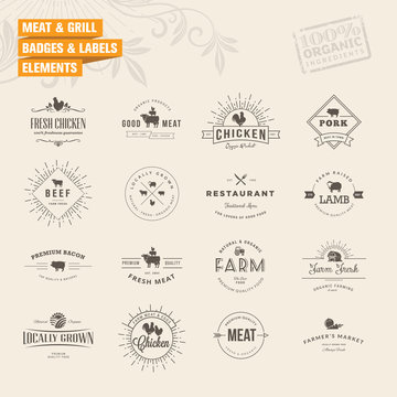 Set of badges and labels elements for meat and grill