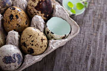 Raw quail eggs on wooden background