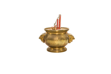 Brass incense burner on white background