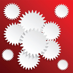 white paper banners on a red background