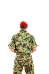 Military army soldier with turned back wearing uniform and cap