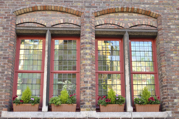 Windows on a brick facade