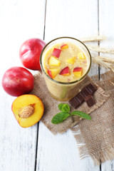 Delicious smoothie on table, close-up