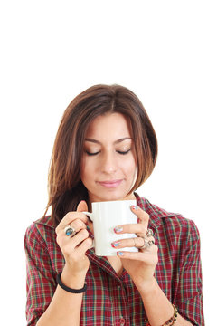 Girl holding cup mug of hot drink coffee or tea