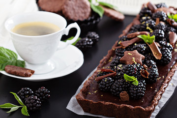 Chocolate ganache tart with blackberries