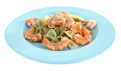 Fresh prawns with coloured macaroni in a big blue plate