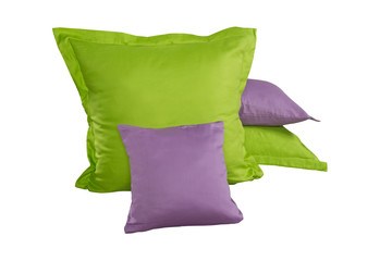 pile of green and violet pillows isolated on white background