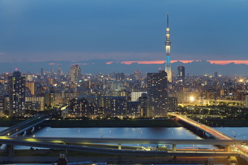 beautiful view of tokyo city with tokyo sky tree at sunset time