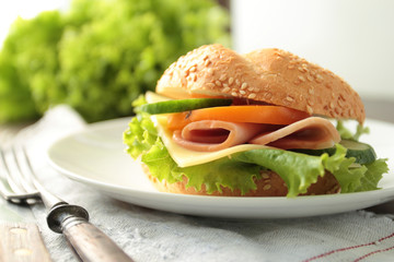 Fresh sandwich with ham and cheese on a plate