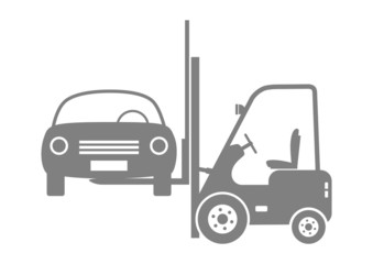 Forklift truck with car on white background
