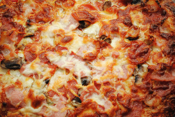 Background of Browned Cheesy Meats Pizza Pie