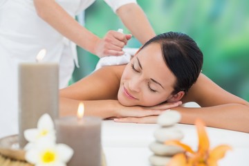 Fototapeta na wymiar Beautiful brunette enjoying a herbal compress massage