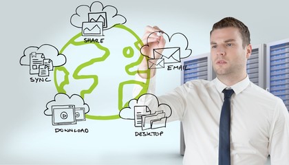 Composite image of young businessman writing with marker