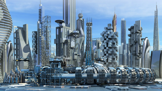 Science fiction city skyline with metallic skyscrapers