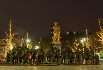 Statue of Night Watch and Rembrandt in Amsterdam