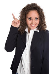 Empfehlung: Business Frau mit Zeigefinger zeigt auf Anzeige