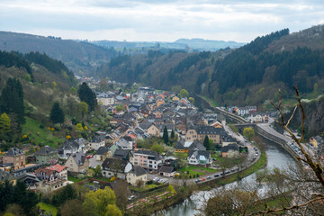 Aerial view of the Vianden and river Our in Luxembourg.