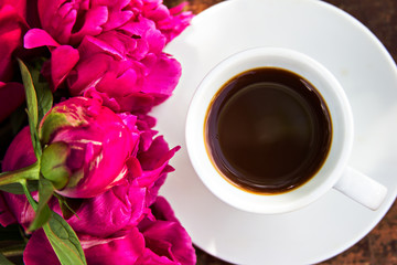 black coffee and burgundy peony