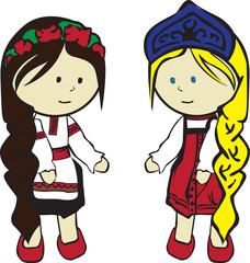 two Slavic girls in costumes on a white background