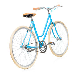 Stylish womens blue bicycle isolated on white