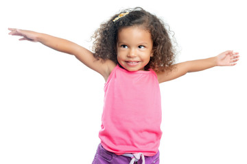 Lttle girl with an afro hairstyle with her arms extended