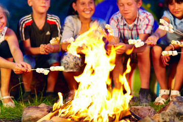 happy kids roasting marshmallows on campfire - obrazy, fototapety, plakaty