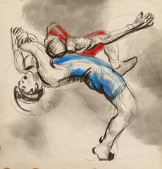 Fototapeta na wymiar Greco-Roman Wrestling. An full sized hand drawn illustration